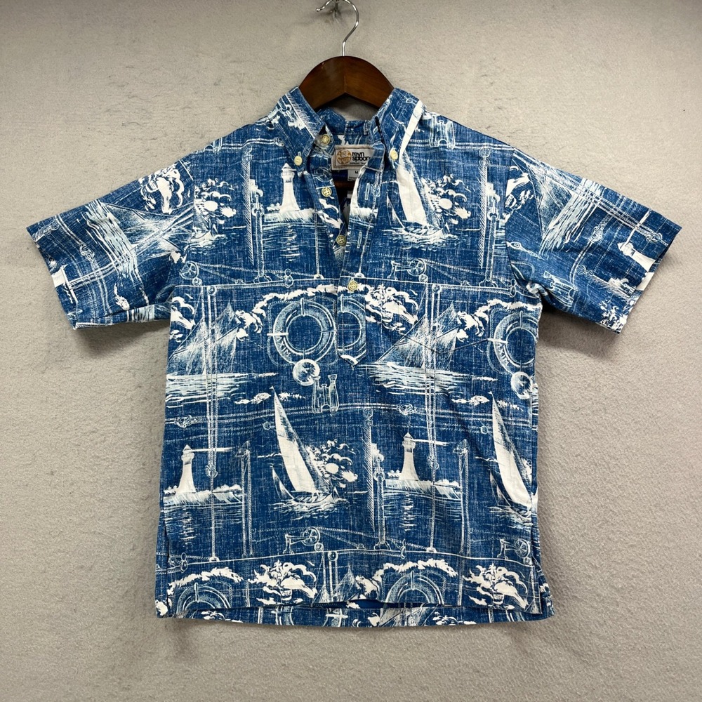 Reyn Spooner Aloha Shirt Boys M Blue Hawaiian Popover Nautical Coastal Beach